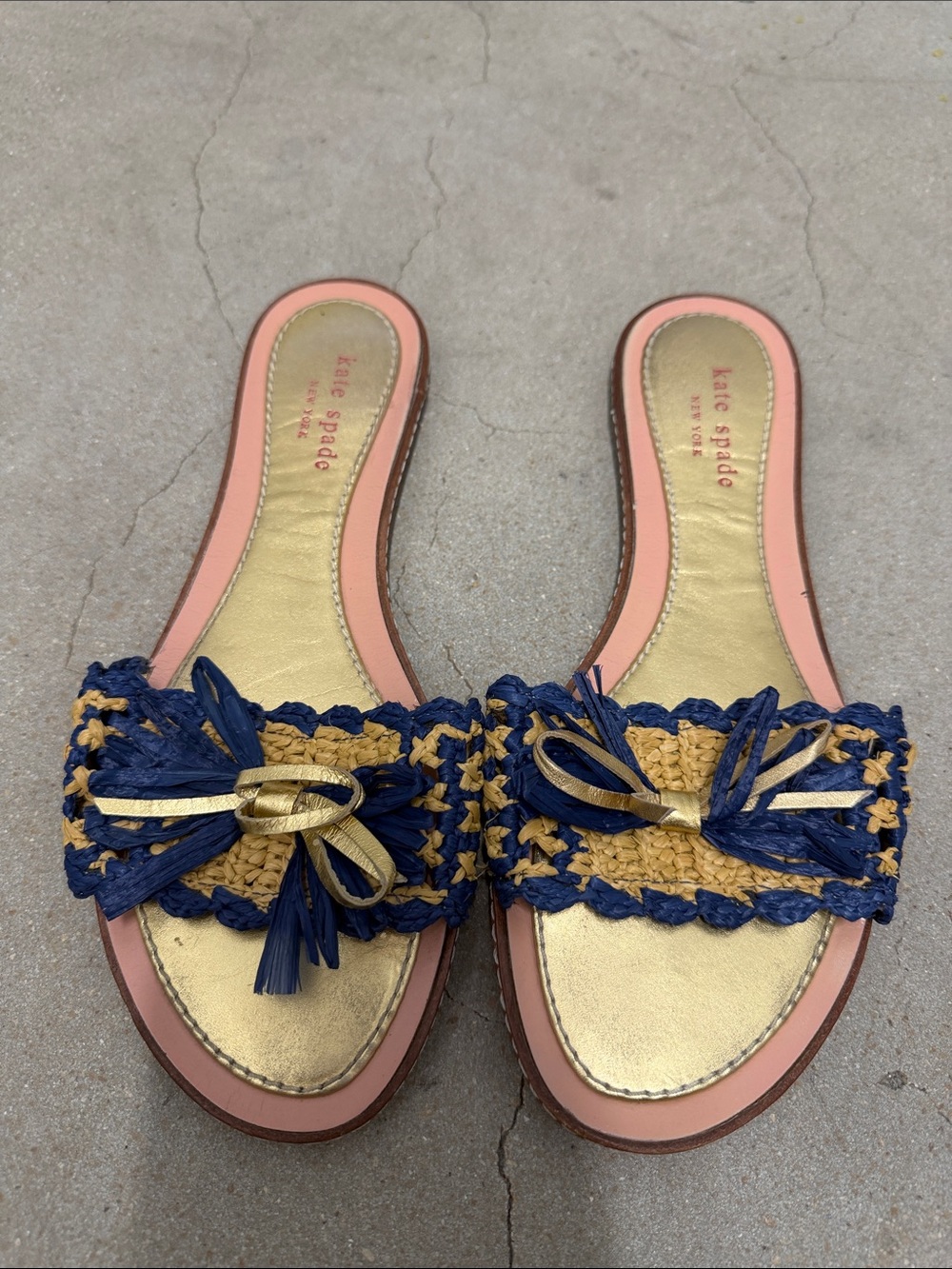 kate spade Navy and Natural Raffia Bow Slide Sandals